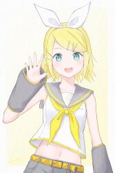 Rule 34 | 1girl, :d, absurdres, black sailor collar, black shorts, black sleeves, blonde hair, blue eyes, border, bow, collarbone, commentary, detached sleeves, hair bow, hair ornament, hairclip, headphones, highres, kagamine rin, kutatsu (kutatsu7), looking at viewer, midriff, navel, neckerchief, open mouth, outside border, sailor collar, short hair, shorts, smile, solo, upper body, vocaloid, waving, white border, white bow, yellow neckerchief, yellow theme