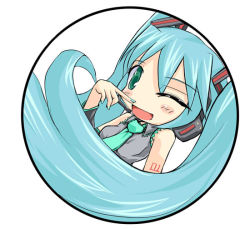 Rule 34 | 1girl, :d, aqua hair, bad anatomy, blush, chibi, circle, detached sleeves, finger to face, green eyes, hatsune miku, headphones, kuro (be ok), long hair, necktie, one eye closed, open mouth, poorly drawn, round image, shirt, sleeveless, sleeveless shirt, smile, solo, twintails, very long hair, vocaloid