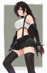 Rule 34 | 1girl, black gloves, black skirt, black thighhighs, breasts, clenched hands, crop top, elbow gloves, final fantasy, final fantasy vii, final fantasy vii remake, fingerless gloves, gloves, grey background, highres, long hair, looking at viewer, musashimaru, navel, pleated skirt, skirt, smile, solo, standing, stomach, suspenders, thighhighs, tifa lockhart