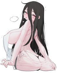 Rule 34 | 1girl, ass, bare shoulders, black hair, black panties, blush, covered erect nipples, crying, fang, hair between eyes, highres, long hair, mole, mole under eye, original, panties, parted lips, pink eyes, rabbit (wlsdnjs950), see-through, simple background, solo, tears, tongue, trembling, underwear, white background