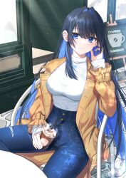 Rule 34 | 1girl, absurdres, black hair, blue eyes, blue hair, blue pants, breasts, brown jacket, chair, closed mouth, commentary, cup, day, denim, disposable cup, drinking straw, ear piercing, hair intakes, highres, holding, holding cup, hololive, hololive english, jacket, jeans, long hair, long sleeves, looking at viewer, mamel 27, medium breasts, multicolored hair, on chair, open clothes, open jacket, ouro kronii, ouro kronii (casual), outdoors, pants, piercing, shirt, sitting, sleeves past wrists, smile, solo, table, two-tone hair, very long hair, virtual youtuber, white shirt