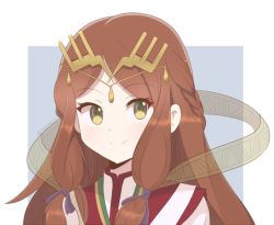 Rule 34 | 1girl, blush, braid, breasts, brown hair, chocomiru, fan la norne, gold trim, long hair, looking at viewer, night, small breasts, smile, solo, upper body, very long hair, xenoblade chronicles (series), xenoblade chronicles 2, yellow eyes