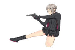 Rule 34 | absurdres, ange (princess principal), black gloves, black skirt, blue eyes, boots, breasts, cape, from side, gloves, grey hair, gun, handgun, highres, leather, leather boots, medium breasts, princess principal, revolver, shiny skin, short hair, simple background, skirt, solo, squatting, weapon, white background