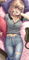 Rule 34 | 1girl, absurdres, aramachi, bra strap, breasts, cat, cleavage, collarbone, covering own mouth, denim, glasses, hand over own mouth, highres, holding, holding pillow, jeans, jewelry, large breasts, light brown hair, medium hair, midriff peek, navel, necklace, on bed, original, pants, pillow, pink nails, purple eyes, ripped jeans, solo, watch, wristwatch