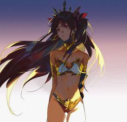 Rule 34 | 1girl, armlet, arms behind back, bare shoulders, black hair, breasts, cleavage, comacoul, cowboy shot, crown, earrings, facing viewer, fate/grand order, fate (series), gluteal fold, gradient background, hair blowing, hair ribbon, headpiece, highres, hoop earrings, ishtar (fate), jewelry, long hair, looking to the side, medium breasts, navel, parted bangs, parted lips, red eyes, red ribbon, ribbon, simple background, solo, standing, stomach, thigh gap, two side up