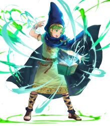 Rule 34 | 1boy, belt, book, bracelet, cape, feet, fire emblem, fire emblem: mystery of the emblem, fire emblem heroes, full body, green eyes, green hair, highres, hood, jewelry, leaf, magic, male focus, matching hair/eyes, mayo (becky2006), merric (fire emblem), nintendo, official art, open mouth, sandals, smile, solo, teeth, toes, transparent background, aged down