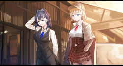 Rule 34 | 2girls, black pants, black vest, blonde hair, blue eyes, blue hair, blue necktie, breasts, brown jacket, clenched teeth, earrings, hair intakes, hat, high-waist skirt, highres, hololive, hololive english, jacket, jewelry, large breasts, letterboxed, long hair, long sleeves, medium breasts, medium hair, mixed-language commentary, multiple girls, necktie, ouro kronii, outdoors, pants, plaid, plaid skirt, pocket watch, red necktie, shirt, short necktie, skirt, storefront, teeth, thighhighs, thighs, tungsten (kwfr4544), vest, virtual youtuber, watch, watson amelia, white shirt