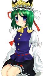 Rule 34 | 1girl, blue eyes, female focus, green hair, hat, kohaku., kurami (kohaku.), shiki eiki, short hair, simple background, solo, touhou, white background