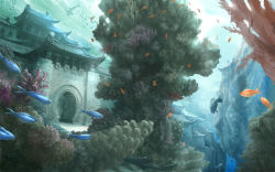 Rule 34 | architecture, building, cloud, coral, coz (commit), day, east asian architecture, fish, no humans, pixiv fantasia, pixiv fantasia 2, scenery, sky, underwater, water