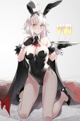 Rule 34 | 1girl, absurdres, ahoge, alcohol, animal ears, bare shoulders, black footwear, black gloves, black leotard, blush, bow, breasts, champagne, cleavage, closed mouth, covered navel, cup, detached collar, drinking glass, fake animal ears, fate/grand order, fate (series), fishnet pantyhose, fishnets, gloves, high heels, highres, holding, jeanne d&#039;arc (fate), jeanne d&#039;arc alter (avenger) (fate), jeanne d&#039;arc alter (fate), kneeling, large breasts, leotard, long hair, looking at viewer, narrow waist, pantyhose, playboy bunny, prime, rabbit ears, side-tie leotard, silver hair, skindentation, solo, strapless, strapless leotard, tray, wrist cuffs, yellow eyes