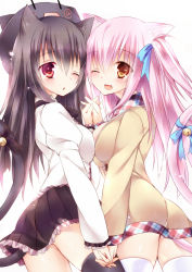 Rule 34 | 2girls, animal ears, ass, bad id, bad pixiv id, bell, black hair, black legwear, blush, borrowed character, breast press, breasts, cat ears, cat tail, holding hands, interlocked fingers, jingle bell, long hair, looking at viewer, looking back, medium breasts, mia flatpaddy, multiple girls, one eye closed, open mouth, original, pink hair, shia flatpaddy, simple background, skirt, smile, sorai shin&#039;ya, symmetrical docking, tail, tail bell, tail ornament, thighhighs, white background, white legwear, wink, yellow eyes