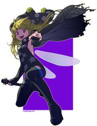 Rule 34 | 1girl, absurdres, alternate costume, armpits, artist name, black bodysuit, black footwear, black nails, blonde hair, bodysuit, boots, breasts, cape, clownpiece, collar, commentary request, elbow gloves, fairy wings, fingerless gloves, gloves, hat, highres, holding, holding microphone, jester cap, long hair, looking at viewer, microphone, multicolored hair, multicolored nails, nail polish, namauni, no bra, on one knee, open mouth, pantyhose, polka dot, pom pom (clothes), purple background, reaching, red eyes, sideboob, sleeveless, small breasts, solo, spiked collar, spikes, star (symbol), star print, streaked hair, striped, teeth, thigh boots, thighhighs, tongue, torn cape, torn clothes, touhou, two-tone background, white background, wings