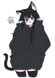 Rule 34 | 1girl, :d, animal ears, black eyes, black hair, black hoodie, black shorts, blush, bright pupils, cat ears, cat girl, cat tail, commentary request, eyelashes, fang, happy, highres, hood, hoodie, long hair, looking at viewer, megateru, messy hair, open mouth, original, oversized clothes, playing with own hair, shorts, simple background, skin fang, skindentation, sleeves past fingers, sleeves past wrists, smile, solo, tail, tareme, thighhighs, very long hair, white background, white pupils