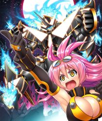 Rule 34 | 1girl, arm up, armor, armpits, asahi, breasts, cleavage, full armor, highres, large breasts, lilith-soft, long hair, machine, mecha, open mouth, pink hair, rene (taimanin asagi), robot, shiny skin, taimanin (series), taimanin asagi, taimanin asagi kessen arena, upper body, yellow eyes
