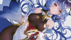 Rule 34 | 1girl, ahoge, bare shoulders, bell, black gloves, blue hair, bodystocking, breasts, cowbell, detached collar, detached sleeves, dutch angle, ganyu (genshin impact), genshin impact, gloves, goat horns, gold trim, horns, long hair, long sleeves, looking at viewer, low twintails, medium breasts, nido celisius, parted lips, pelvic curtain, purple eyes, solo, twintails, very long hair, wide sleeves