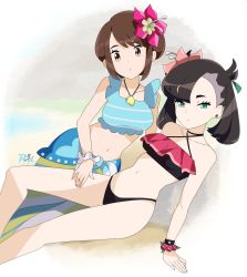 Rule 34 | 2girls, bikini, black hair, bracelet, brown hair, creatures (company), game freak, gloria (pokemon), gloria (summer 2021) (pokemon), hand on another&#039;s thigh, highres, jewelry, looking at viewer, marnie (pokemon), marnie (summer 2021) (pokemon), multiple girls, navel, necklace, nintendo, official alternate costume, pokemon, pokemon masters ex, r3dfive, sarong, short hair, sitting, stomach, swimsuit, twintails
