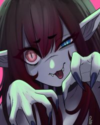 Rule 34 | 1girl, absurdres, black choker, blue eyes, blue nails, choker, claw pose, closed mouth, eyelashes, eyes visible through hair, fangs, fangs out, fingernails, hair between eyes, highres, long eyelashes, long fingernails, long hair, nail polish, original, pink background, pointy ears, red eyes, red hair, scar, scar on face, scar on nose, sharp fingernails, signature, simple background, solo, tongue, tongue out, unusualpie, vampire, very long fingernails
