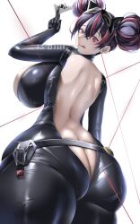 1girl alternate_costume artist_request ass ass_focus black_hair blush bodysuit breasts butt_crack card come_hither double_bun from_behind from_below gloves goddess_of_victory:_nikke hair_bun huge_ass huge_breasts kouglof0141 looking_at_viewer looking_back looking_down multicolored_hair naughty_face official_alternate_costume quency_(nikke) red_eyes red_hair short_hair sideboob skin_tight smile solo thick_thighs thighs tongue tongue_out