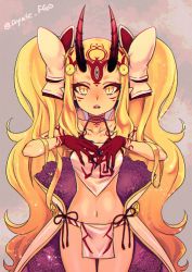 Rule 34 | 1girl, blush, breasts, facial mark, fate/grand order, fate (series), hizuki aya, horns, ibaraki douji (fate), long hair, looking at viewer, navel, oni, open mouth, pointy ears, slit pupils, solo, tattoo, teeth, twintails, underwear, underwear only, very long hair, yellow eyes