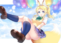 Rule 34 | 10s, 1girl, :o, animal ears, ass, ayase eli, bad id, bad pixiv id, balloon, blonde hair, blue eyes, blue sky, blue socks, blush, border, bow, bowtie, breasts, brown footwear, collared shirt, day, eyebrows, floating, fox ears, green bow, green bowtie, kemonomimi mode, kneehighs, letterboxed, long hair, looking at viewer, love live!, love live! school idol project, md5 mismatch, medium breasts, open mouth, outside border, petals, plaid, plaid skirt, pleated skirt, ponytail, ponytail korosuke, school uniform, scrunchie, shirt, shoes, short sleeves, sidelocks, skirt, skirt tug, sky, smile, socks, solo, string, sweater vest, white border, white shirt