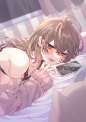 Rule 34 | 1girl, ahoge, black camisole, blush, brown eyes, brown hair, camisole, cellphone, dutch angle, hair between eyes, half-closed eyes, highres, indoors, long hair, long sleeves, lying, off-shoulder sweater, off shoulder, on bed, on stomach, open mouth, original, phone, pink sweater, shikino yuki, smartphone, solo, stuffed animal, stuffed toy, sweater, upper body