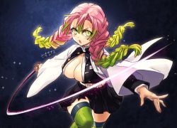Rule 34 | 1girl, black skirt, blush, braid, breasts, center opening, cleavage, commentary request, cowboy shot, gradient hair, green eyes, green hair, green thighhighs, haori, holding, holding sword, holding weapon, jacket, japanese clothes, kanroji mitsuri, katana, kimetsu no yaiba, large breasts, long hair, long sleeves, looking at viewer, mole, mole under eye, multicolored hair, no bra, open mouth, pink hair, sacanahen, skirt, solo, striped clothes, striped thighhighs, sword, thighhighs, tri braids, vertical-striped clothes, vertical-striped thighhighs, weapon, white jacket