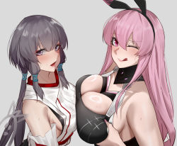 Rule 34 | 2girls, animal ears, asymmetrical docking, ayla: kaleido (punishing: gray raven), ayla (punishing: gray raven), black bra, black hairband, blush, bra, breast press, breasts, chinese commentary, cleavage, cleavage cutout, closed mouth, clothing cutout, detached sleeves, eyeshadow, fake animal ears, from side, grabbing own breast, grey background, grey hair, hair between eyes, hair tubes, hairband, highres, large breasts, licking lips, lips, long hair, looking at viewer, makeup, medium breasts, multiple girls, one eye closed, open mouth, pink eyes, pink hair, punishing: gray raven, purple eyes, rabbit ears, red eyeshadow, selena (punishing: gray raven), sideboob, sidelocks, simple background, smile, sports bra, straight hair, sweatdrop, tiankong pie ai, tongue, tongue out, twintails, underwear, upper body