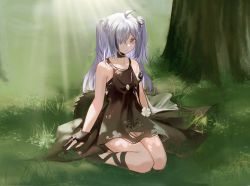Rule 34 | 1girl, 233baso4, arknights, bare shoulders, black dress, black gloves, black hair, closed mouth, collarbone, commentary request, dress, eyebrows hidden by hair, gloves, grey eyes, grey hair, hair over one eye, highres, looking at viewer, multicolored hair, on grass, partially fingerless gloves, sleeveless, sleeveless dress, solo, streaked hair, tomimi (arknights), torn clothes, torn dress, tree, two side up