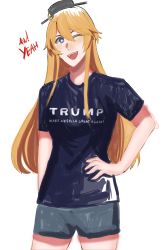 Rule 34 | 1girl, ahoge, alternate costume, blonde hair, blue eyes, blue shirt, blush, breasts, clothes writing, english text, hair between eyes, hand on own hip, headgear, highres, iowa (kancolle), kantai collection, long hair, make america great again, noeruka, one eye closed, open mouth, shirt, short sleeves, shorts, sidelocks, simple background, solo, star-shaped pupils, star (symbol), symbol-shaped pupils, t-shirt, white background