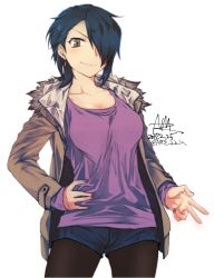 Rule 34 | 10s, 1girl, 2017, alternate costume, blue hair, brown eyes, collarbone, contemporary, dated, denim, denim shorts, earrings, fur trim, hair over one eye, hand on own hip, jacket, jewelry, kantai collection, looking at viewer, nail polish, nmz (namazu), no eyepatch, no headwear, pantyhose, purple nails, short hair, shorts, signature, smile, solo, tenryuu (kancolle), twitter username, yellow eyes