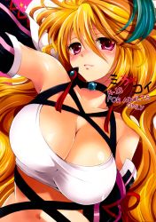 Rule 34 | 1girl, akina tsukako, bare shoulders, blonde hair, breasts, cleavage, highres, large breasts, long hair, milla maxwell, non-web source, purple eyes, red eyes, shirt, solo, tales of (series), tales of xillia, taut clothes, taut shirt, very long hair