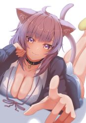 1girl absurdres ahoge animal_ear_fluff animal_ears belt_collar benjamin_1kt black_collar breasts cardigan cat_ears cat_girl cat_tail collar highres hololive large_breasts looking_at_viewer medium_hair nekomata_okayu nekomata_okayu_(oversized_shirt) official_alternate_costume purple_cardigan purple_eyes purple_hair shirt smile solo tail virtual_youtuber white_shirt