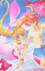 Rule 34 | 1boy, 1girl, artist name, beach, blonde hair, blue eyes, bracelet, brown eyes, day, doumoto kaito, flower, hanamori pink, hibiscus, jewelry, mermaid, mermaid melody pichi pichi pitch, monster girl, nanami lucia, necklace, non-web source, ocean, open mouth, orange hair, pendant, shell, shell bikini, shell hair ornament, shell necklace, smile, surfboard, surfing, swimming, twintails, water, waves