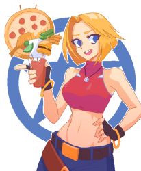 Rule 34 | 1girl, :d, belt, blonde hair, blue eyes, blue mary, breasts, burger, crop top, cup, fatal fury, fingerless gloves, food, french fries, fruit, gloves, hand on own hip, hcnone, highres, holding, holding cup, lime (fruit), lime slice, midriff, navel, open mouth, short hair, simple background, smile, solo, standing, the king of fighters