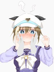 Rule 34 | 1girl, animal ears, blue eyes, blush, breasts, brown hair, cheval grand (umamusume), closed mouth, hair between eyes, hand on another&#039;s cheek, hand on another&#039;s face, hat, head steam, highres, horse girl, looking at viewer, medium breasts, pov, pov hands, ribbon, school uniform, sdksdk 34, shaking, solo, sweat, tracen school uniform, umamusume, white background