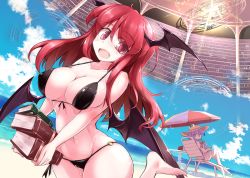 Rule 34 | 2girls, barefoot, beach, bikini, black bikini, blush, book, book stack, breasts, chair, cleavage, cloud, crescent, crescent hair ornament, day, demon wings, fang, front-tie bikini top, front-tie top, fumitsuki (minaduki 6), hair ornament, halterneck, hat, head wings, holding, holding book, indoors, koakuma, large breasts, library, long hair, lounge chair, magic circle, multiple girls, o-ring, o-ring bikini, o-ring bottom, open mouth, patchouli knowledge, purple eyes, purple hair, red eyes, red hair, sand, side-tie bikini bottom, sitting, sky, smile, string bikini, sun hat, swimsuit, touhou, wings