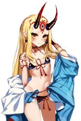 Rule 34 | 1girl, bad id, bad twitter id, bare arms, bare shoulders, beads, bikini, blonde hair, blue bikini, blue kimono, closed mouth, cowboy shot, earrings, facial mark, fang, fang out, fate/grand order, fate (series), front-tie bikini top, front-tie top, halterneck, halterneck, horns, ibaraki douji (fate), japanese clothes, jewelry, kimono, long hair, navel, oni horns, pointy ears, pokan (xz1128), simple background, solo, stomach, string bikini, swimsuit, tassel, tattoo, white background, yellow eyes