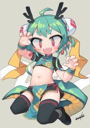 Rule 34 | 1girl, black shorts, black thighhighs, bracelet, breasts, bun cover, claw pose, commentary request, double bun, dragon girl, dragon horns, dragon tail, full body, green hair, grey background, hair bun, highres, horns, jewelry, looking at viewer, nanatsuta, navel, open mouth, original, pelvic curtain, pointy ears, red eyes, sharp teeth, short hair, short sleeves, shorts, signature, simple background, small breasts, solo, tail, teeth, thick eyebrows, thighhighs, upper teeth only, v-shaped eyebrows