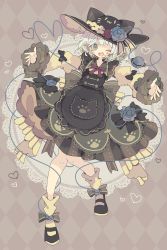 Rule 34 | 1girl, :o, absurdres, alternate costume, animal hat, apron, black apron, black bow, black footwear, black hat, blue flower, blue rose, blush, bow, cat hat, checkered background, commentary, dress, flower, footwear bow, frilled dress, frilled sleeves, frills, full body, green bow, green dress, green eyes, hat, hat flower, hat ribbon, heart, heart of string, highres, knees together feet apart, komeiji koishi, lace, light green hair, long sleeves, looking at viewer, neck ribbon, nikorashi-ka, one eye closed, open hands, open mouth, outstretched arms, red flower, red ribbon, red rose, ribbon, ribbon-trimmed headwear, ribbon trim, rose, shoes, short hair, socks, solo, standing, standing on one leg, teeth, third eye, tongue, touhou, waist bow, white socks, yellow ribbon, yellow sleeves
