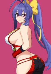 1girl antenna_hair ass bare_shoulders blazblue blazblue:_central_fiction blue_hair bojack198 bow breasts butt_crack fingerless_gloves gloves hair_bow hair_ribbon halterneck large_breasts long_hair looking_at_viewer mai_natsume pants ponytail purple_eyes ribbon sideboob smile solo very_long_hair