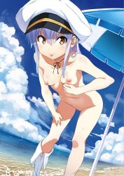 Rule 34 | 1girl, :p, beach, beach umbrella, breasts, completely nude, feet out of frame, hand on own thigh, hat, highres, hood, island (game), kuuchuu yousai, leaning forward, long hair, looking at viewer, navel, neck ribbon, nipples, nude, nude filter, ohara rinne, outdoors, peaked cap, ribbon, shoes, unworn shoes, silver hair, small breasts, solo, standing, third-party edit, tongue, tongue out, umbrella, water, yellow eyes
