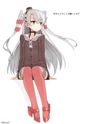 Rule 34 | 10s, 1girl, amatsukaze (kancolle), dress, hair tubes, kamoto tatsuya, kantai collection, kneehighs, long hair, looking away, red thighhighs, sailor dress, simple background, sitting, socks, solo, thighhighs, twintails, two side up, white background, white hair, yellow eyes