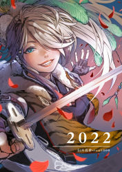 Rule 34 | 1girl, 2022, armor, fingerless gloves, gloves, green eyes, grin, hair over one eye, happy new year, holding, holding sword, holding weapon, japanese armor, katana, lips, long hair, looking at viewer, new year, open mouth, original, pink hair, samurai, shiroton (kazamineko), side ponytail, smile, solo, sword, teeth, weapon
