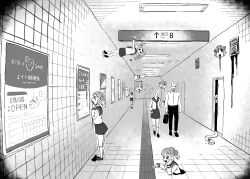 Rule 34 | 1boy, 4shi, 6+girls, arms at sides, arrow (symbol), ceiling light, clone, collared shirt, copyright name, dango-chan (4shi), disembodied head, door, double bun, exit sign, from side, giant, giantess, greyscale, hair bun, hallway, hand on another&#039;s arm, hand on floor, hand on own cheek, hand on own chin, hand on own face, hand up, highres, holding, hollow eyes, hollow mouth, horror (theme), kneehighs, liquid, long arms, long neck, long sleeves, looking at another, looking to the side, looking up, monochrome, multiple girls, nervous, on wall, open mouth, opening door, original, pants, peeking out, perspective, pleated skirt, poster (object), sailor collar, school uniform, serafuku, shirt, shoes, short hair, sidelocks, sign, skirt, socks, standing, sweat, tactile paving, the exit 8, through ground, tile floor, tile wall, tiles, v-shaped eyebrows, vent (object), walking