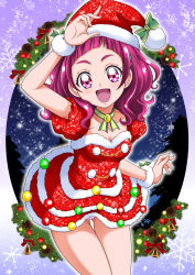 Rule 34 | 1girl, :d, arm up, bow, breasts, choker, christmas, cleavage, collarbone, cowboy shot, detached sleeves, dress, fur-trimmed dress, fur-trimmed headwear, fur trim, gluteal fold, green bow, hanzou, hat, hat bow, highres, hugtto! precure, layered dress, leaning forward, long hair, looking at viewer, medium breasts, nono hana, open mouth, panties, pantyshot, pink eyes, pink hair, pink panties, precure, red dress, red hat, red sleeves, ribbon choker, santa costume, santa hat, short dress, short sleeves, sleeveless, sleeveless dress, smile, snowflakes, solo, standing, strapless, strapless dress, thigh gap, underwear, wrist cuffs