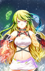 Rule 34 | 1girl, ahoge, asano tomoya, bad id, bad pixiv id, blonde hair, breasts, choker, cleavage, colored eyelashes, crystal, gloves, gradient hair, green hair, highres, long hair, magic circle, medium breasts, microskirt, midriff, milla maxwell, multicolored hair, navel, print skirt, red eyes, shirt, skirt, smile, solo, strapless, tales of (series), tales of xillia, taut clothes, taut shirt, tube top, white skirt