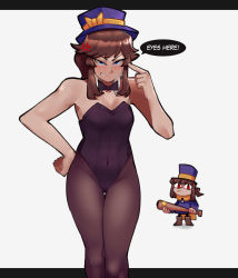 Rule 34 | 2girls, a hat in time, aged up, anger vein, black bow, black leotard, blue eyes, bow, breasts, brown hair, collarbone, english text, hand on own hip, hannesfkr, hat, hat bow, hat kid, hat ribbon, highres, leotard, looking at viewer, multiple girls, necktie, pantyhose, pointing, pointing at self, purple headwear, ribbon, short hair, short ponytail, sidelocks, small breasts, speech bubble, swept bangs, white background, yellow bow, yellow ribbon