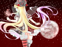 Rule 34 | 1girl, alternate color, american flag dress, american flag legwear, blonde hair, blush, closed mouth, clownpiece, cowboy shot, fairy wings, floating hair, frills, from behind, gradient hair, hat, highres, jester cap, long hair, looking at viewer, looking back, multicolored hair, orange eyes, pink hair, profile, puffy short sleeves, puffy sleeves, short sleeves, smile, solo, star (symbol), star print, striped clothes, striped thighhighs, thighhighs, torch, touhou, very long hair, wings, wrist cuffs, yilocity