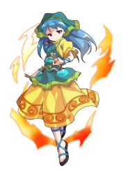 Rule 34 | 1girl, alphes (style), apron, aqua apron, arm ribbon, between fingers, blue hair, blue ribbon, chisel, closed mouth, commentary request, dairi, dress, fire, full body, green headwear, haniyasushin keiki, head scarf, highres, holding, jewelry, long hair, looking at viewer, magatama, magatama necklace, necklace, parody, pocket, puffy short sleeves, puffy sleeves, purple eyes, ribbon, sandals, short sleeves, solo, style parody, tachi-e, tools, touhou, transparent background, wood carving tool, yellow dress