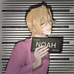 Rule 34 | 1boy, barbie mugshot (meme), blonde hair, blue eyes, height chart, height mark, highres, holding, holding sign, long sleeves, looking at viewer, male focus, meme, mugshot, noah (plave), one eye closed, parted lips, pink sweater, plave, prisoner, short hair, sign, smile, sweater, upper body, yellow-framed eyewear, yoonmiumi